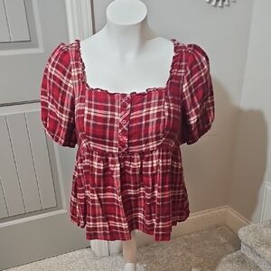 Torrid Red Plaid Peplum Button-Front Women's Top